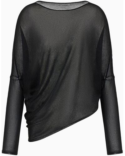 Emporio Armani Sweater With Asymmetric Hem And Draping In Sheer Lurex - Black