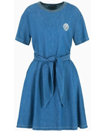 Emporio Armani Light Denim Dress With Sash And Lurex Embroidery Logo - Blue