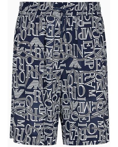 Emporio Armani Beachwear-bermudashorts Aus Viskose Mit Allover-print - Blau