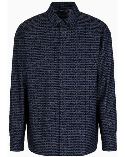 Emporio Armani Comfortable Chambray Shirt With All-over Flock Logo Lettering - Blue