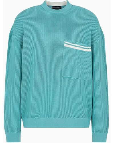 Emporio Armani Patterned-knit Virgin-wool Blend Jumper With Patch Pocket - Blue