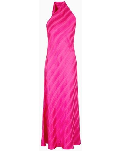 Emporio Armani One-shoulder Long Dress In Jacquard Viscose With Diagonal Gradient-effect Motif - Pink