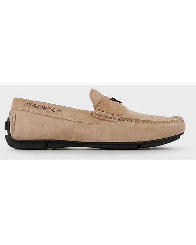 Emporio Armani Suede Driving Loafers With Logo - Brown