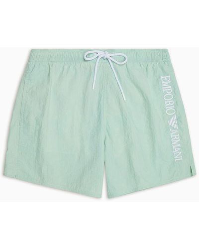 Emporio Armani Costume Shorts In Tessuto Crinkle Con Ricamo Logo Laterale - Verde