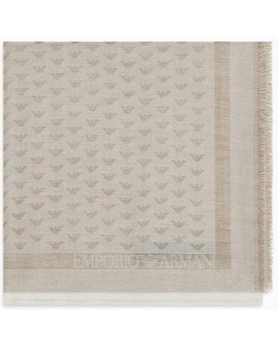 Emporio Armani Virgin Wool-blend Foulard With All-over Micro Eagles - White