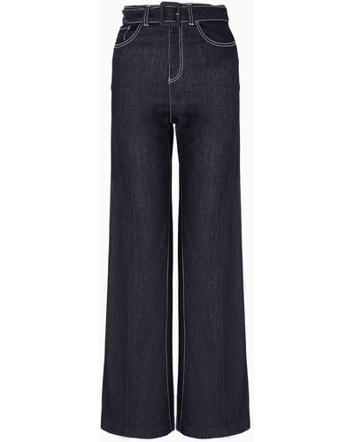 Emporio Armani Jean Palazzo Taille Haute J14 En Denim Stretch De Mélange De Lyocell Avec Surpiqûres Contrastées Asv - Bleu