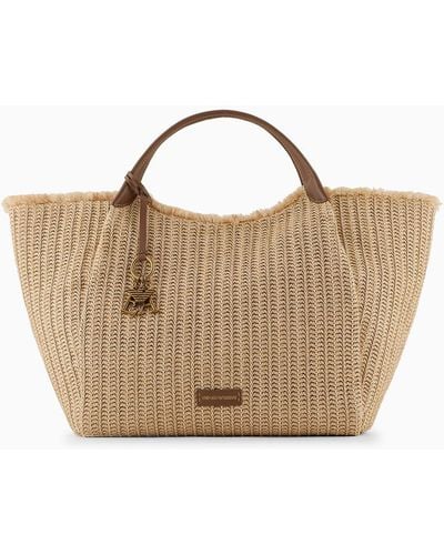 Emporio Armani Oversized Woven Straw Shopper Bag With Logo Charm - Natural