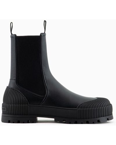 Emporio Armani Leather Beatle Boots With Rubber Toe And Sole - Black
