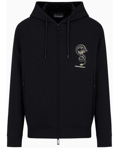 Emporio Armani Double-jersey Hooded Sweatshirt With Dragon Embroidery - Blue