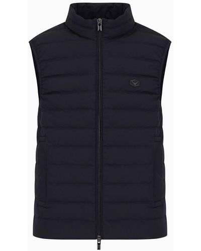 Emporio Armani Sleeveless Full-zip Down Jacket In Quilted Nylon With Eagle Logo Patch - Blue