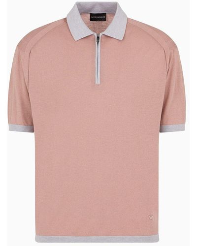 Emporio Armani Asv Lyocell Blend And Virgin Wool Zip-up Polo-shirt Collar Jumper - Pink