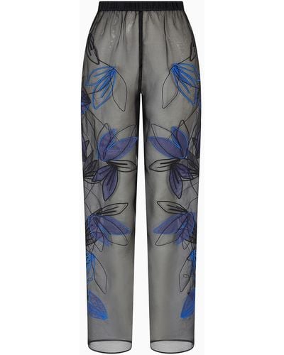 Emporio Armani Pure Silk Organza Elasticated-waist Pants With Floral Embroidery - Blue