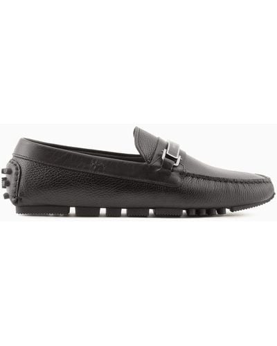 Emporio Armani Pebbled Leather Driving Loafers With Stirrup Bar - White