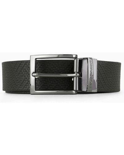 Emporio Armani Reversible Leather Belt In Weave Print - White