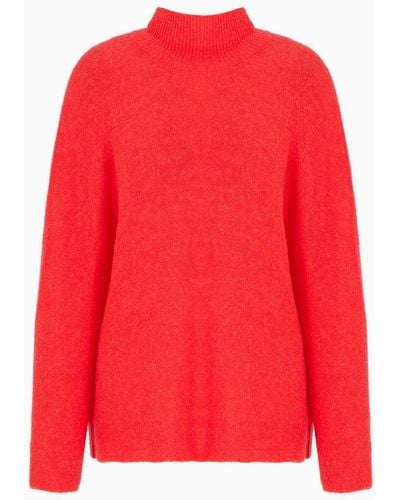 Emporio Armani Seamless Mock-neck Sweater In A Wool-alpaca Blend With Buttons - Red