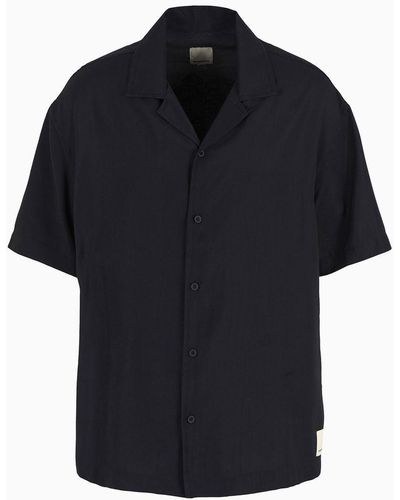 Emporio Armani Sustainability Values Capsule Collection Recycled Modal Short-sleeved Shirt With Embroidery - Blue