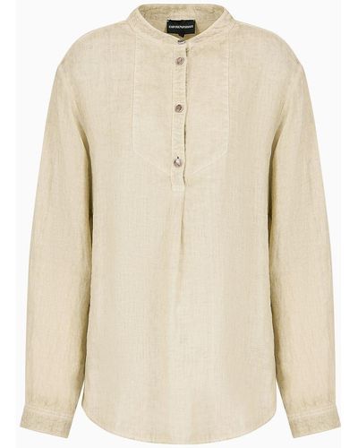 Emporio Armani Asv Garment-dyed Organic Linen Shirt With Guru Collar - Natural