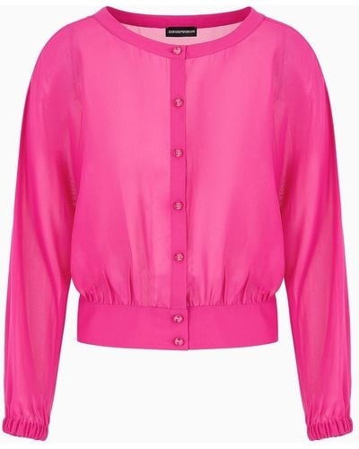 Emporio Armani Georgette Round-neck Shirt With Gathering - Pink