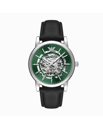 Emporio Armani Automatic Black Leather Watch - Green