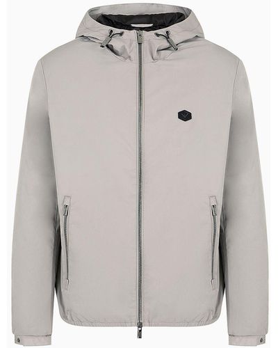 Emporio Armani Hooded, Water-repellent Nylon Blouson With Logo Patch - Grey