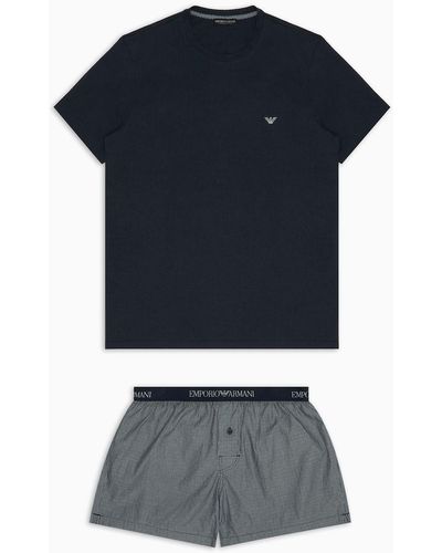 Emporio Armani Pyjama In Comfort Fit Mit Boxershorts Im Jacquardmuster - Blau