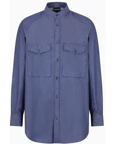 Emporio Armani Guru-collar Chambray Shirt With Front Pockets - Blue