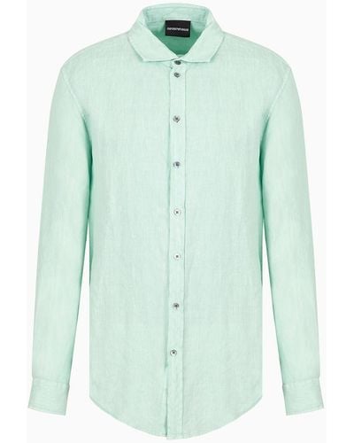 Emporio Armani Camisa De Lino Teñido En Prenda Con Cuello Francés - Verde