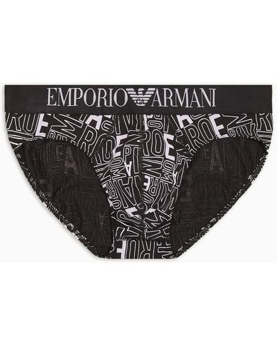 Emporio Armani Briefs With Bold All-over Logo Print - Black