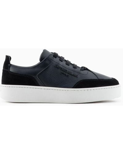 Emporio Armani Leather Sneakers With Suede Details And Embossed Logo - Black