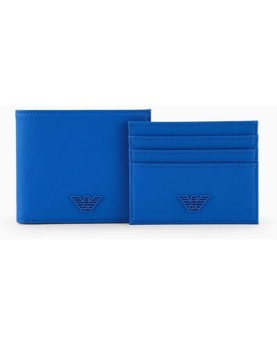 Emporio Armani Gift Box Con Portafoglio E Portacarte In Pelle Rigenerata Saffiano Aquila Gommata Ari Sustainability Values - Blu