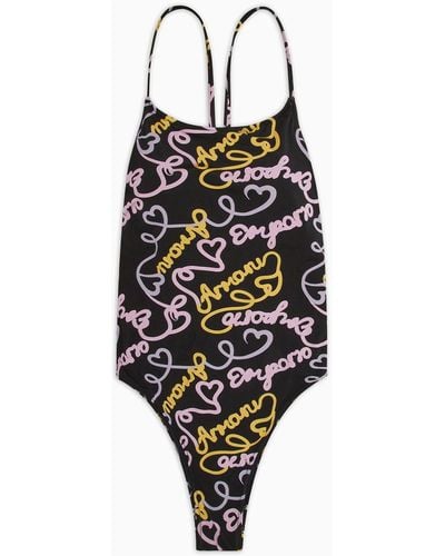 Emporio Armani Padded One-piece Swimsuit With Logomania Print - Black