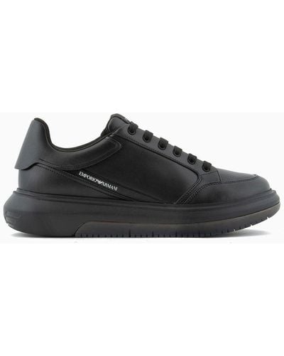 Emporio Armani Leather Sneakers With Side Logo - Black