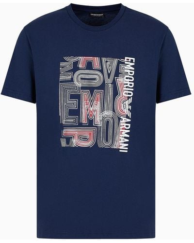 Emporio Armani Beachwear-t-shirt Aus Jersey Mit Makro-logo-print - Blau
