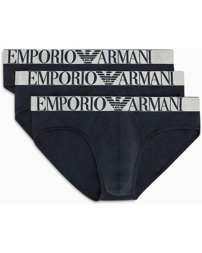 Emporio Armani Three-pack Of Asv Shiny Logo Waistband Organic-cotton Briefs - Blue