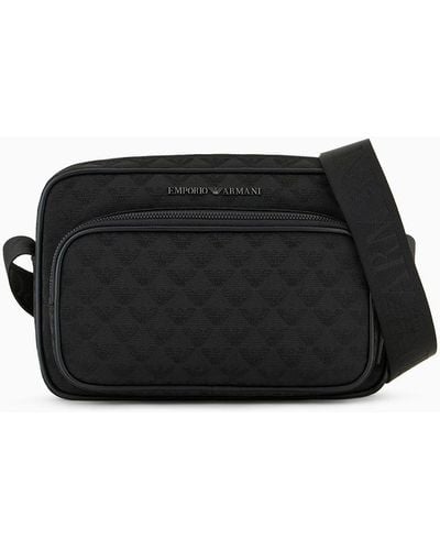 Emporio Armani Nylon Shoulder Bag With All-over Jacquard Eagle - Black