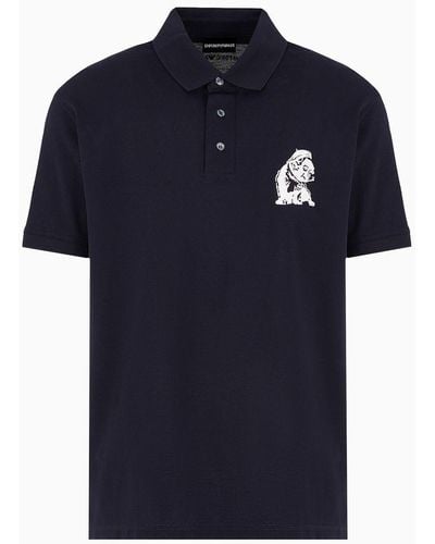 Emporio Armani Poloshirt Aus Merzerisiertem Pikee Mit Einer Französischen Bulldogge Als Stickerei - Blau