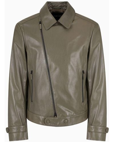 Emporio Armani Biker Jacket In Partially Vegetable-tanned Plonge Lamb Nappa Leather - Green