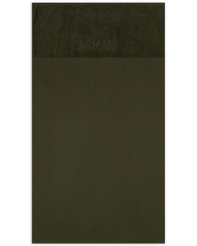 Emporio Armani Waffle-weave Terry Beach Towel With Logo - Green