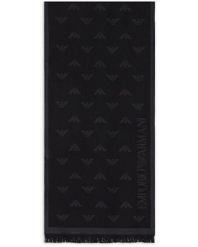 Emporio Armani Wool Scarf With All-over Jacquard Eagle - Black
