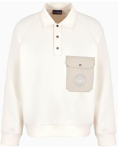 Emporio Armani Double-jersey Sweatshirt With A Polo-shirt Collar, Pocket And Logo Embroidery - White