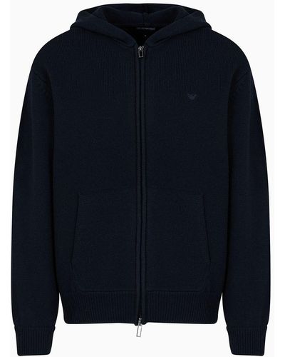 Emporio Armani Hooded Cardigan With Zip Closure, Made From Plain-knit Virgin Wool - Blue