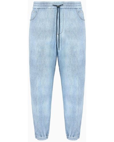 Emporio Armani Denim-effect Printed Jersey Drawstring Trousers With Elasticated Cuffs - Blue