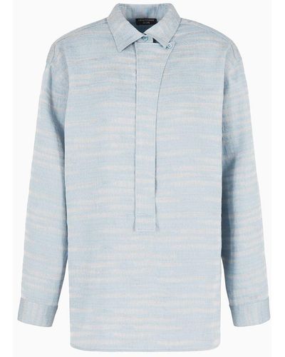 Emporio Armani Icon Linen-blend Shirt With Wavy Jacquard Motif - Blue