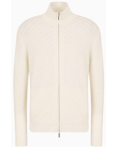 Emporio Armani Blouson Full Zip In Misto Lana E Lyocell A Punto Rasato Dritto E Rovescio Asv - Bianco