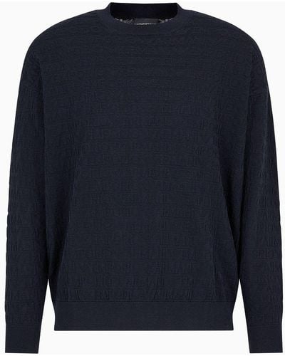 Emporio Armani Cotton Sweater With All-over Jacquard Lettering - Blue
