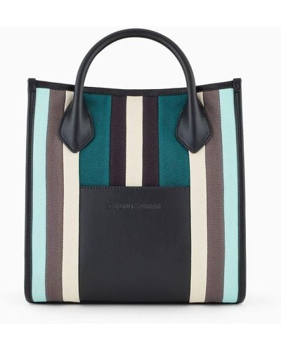 Emporio Armani Mini Shopper Bag In Multicolor Striped Canvas - Blue