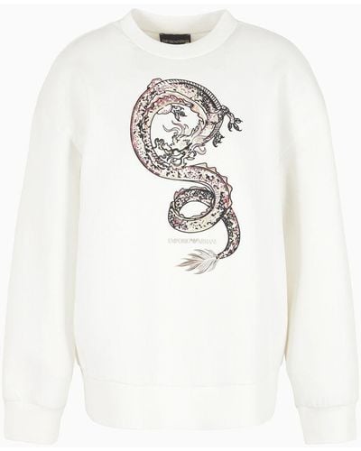 Emporio Armani Sweat-shirt Avec Grande Broderie Dragon - Blanc