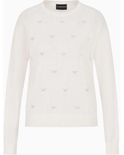 Emporio Armani Pull En Laine Rase Avec Micro Strass - Blanc