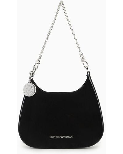 Emporio Armani Small Hobo Shoulder Bag In Patent Leather With Chain Strap - Black