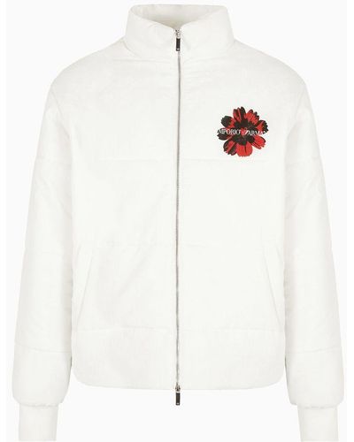 Emporio Armani Nylon Quilted Jacket With Floral Jacquard Motif And Mon Amour Print - White